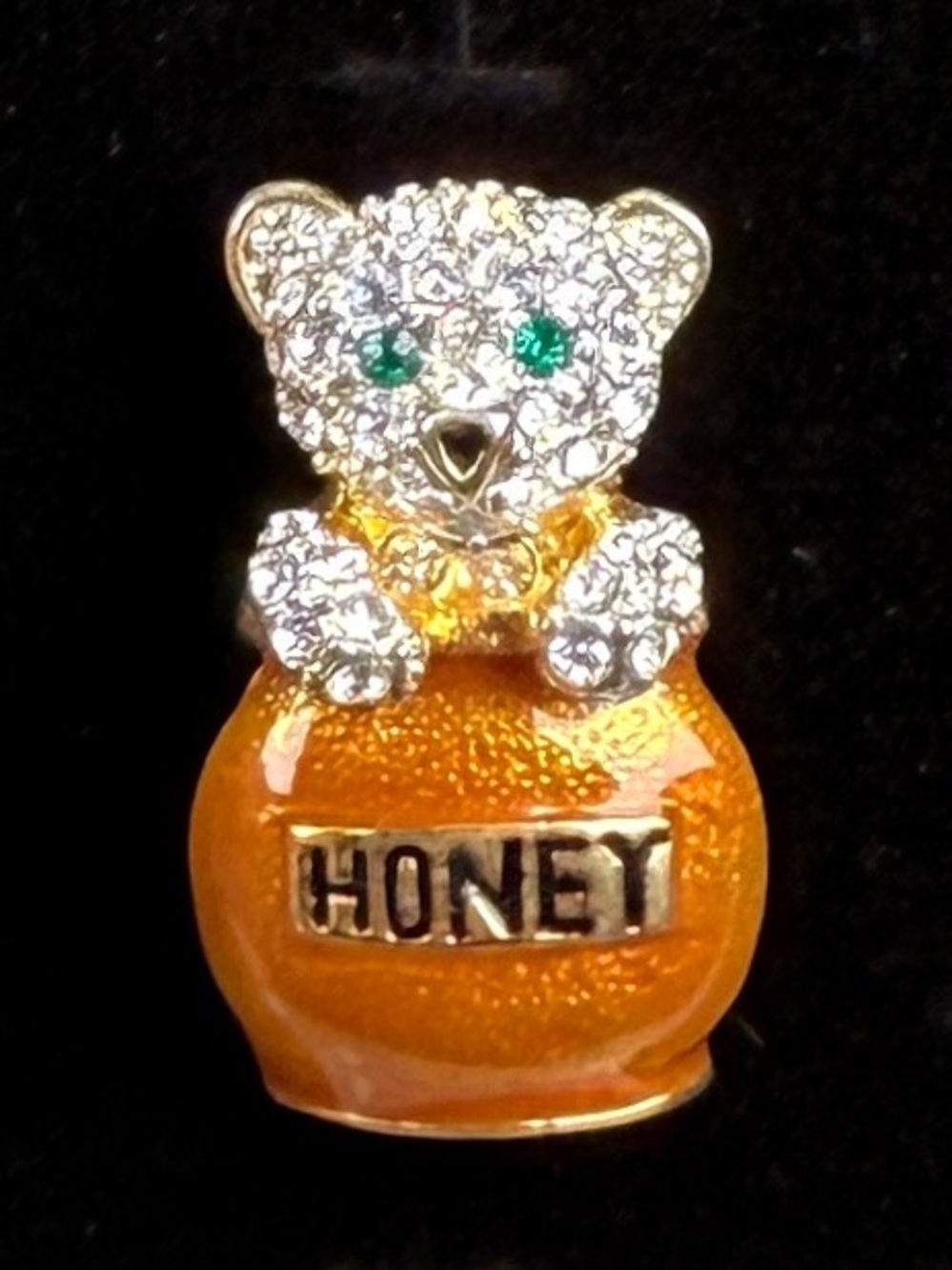 Crystal Bear Honey Jar Pin - Goldtone with Amber Enamel